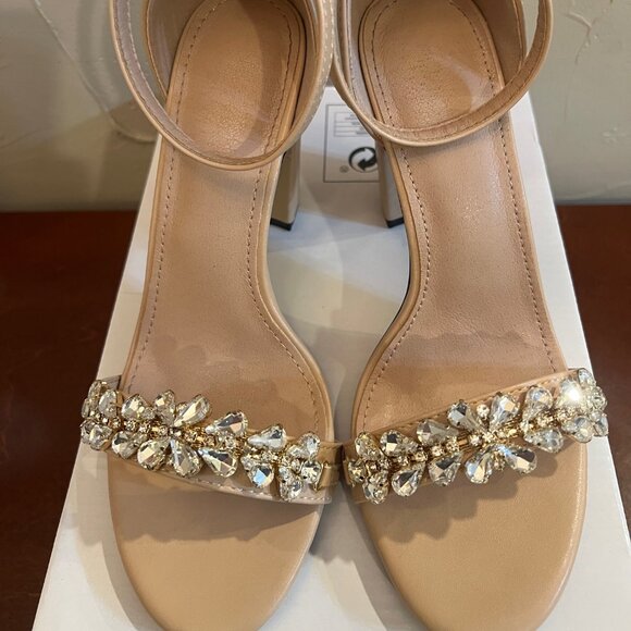 Women's Nude Block Heel Sandals w/Crystal Embellished Strap & Buckle Size 6.5 - Picture 1 of 8